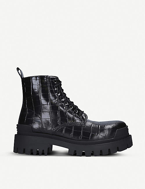 BALENCIAGA: Strike croc-embossed leather platform ankle boots