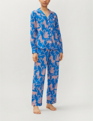 Desmond And Dempsey Chango Monkey-print Cotton Pyjama Set In Chango Blue And Pink