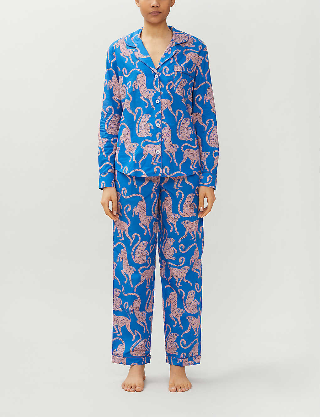 Desmond And Dempsey Chango Monkey-print Cotton Pyjama Set In Chango Blue And Pink