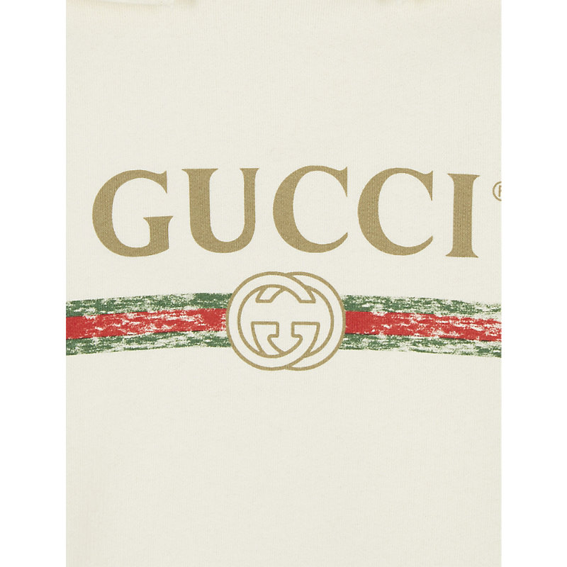 Shop Gucci Boys White/green/red Kids Distressed Logo Print Cotton Hoody 4-10 Years