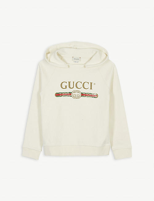 GUCCI: Distressed logo print cotton hoody 4-10 years