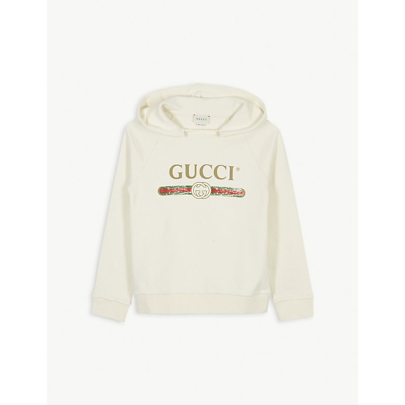 Gucci Kids' Distressed Logo Print Cotton Hoody 4-10 Years In White/green/red