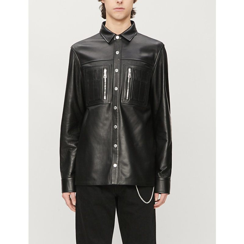 NEIL BARRETT SPREAD COLLAR LEATHER AND STRETCH-JERSEY OVERSHIRT