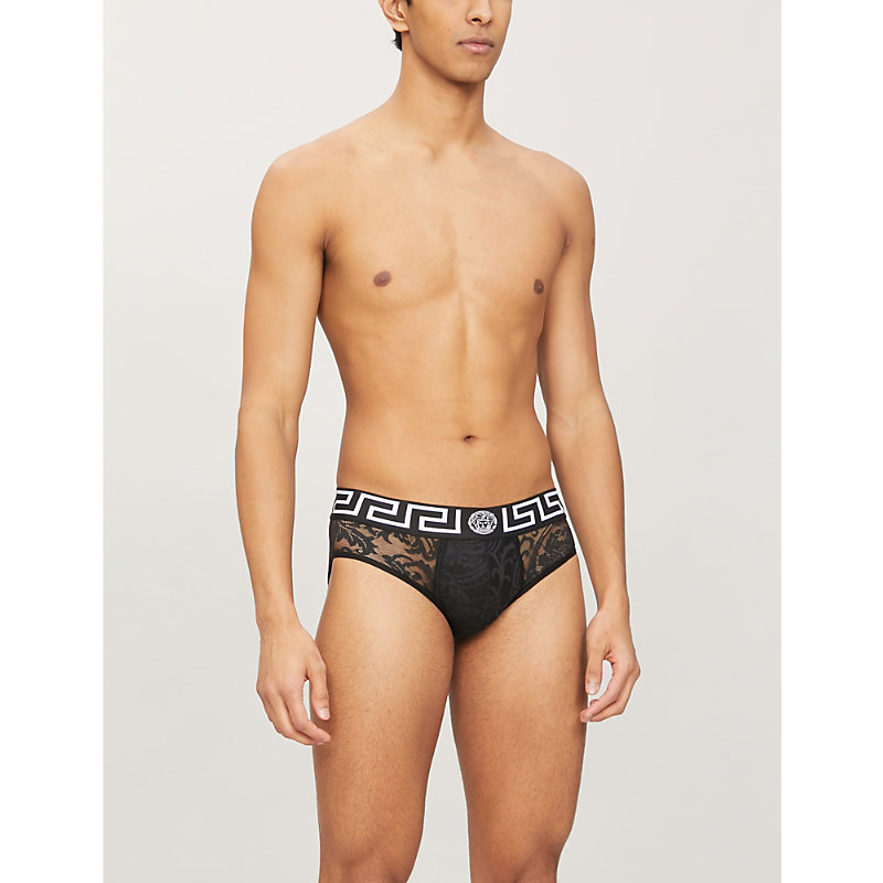 Versace Lace Mid-rise Stretch-woven Briefs In Black