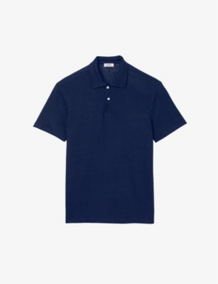 Shop Sandro Mens Bleus Beach Marled Regular-fit Linen Polo Shirt