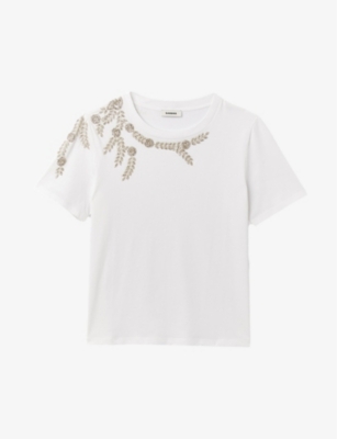 Shop Sandro Womens Naturels Rhinestone-embellished Cotton T-shirt