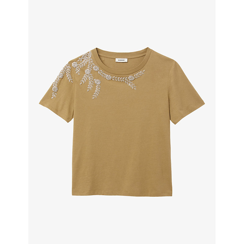 Sandro Womens Verts Rhinestone-embellished Cotton T-shirt