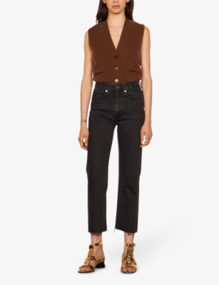 Shop Sandro Womens Black Cropped Straight-leg High-rise Stretch-denim Jeans