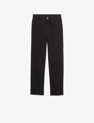 Shop Sandro Women's Black Cropped Straight-leg High-rise Stretch-denim Jeans