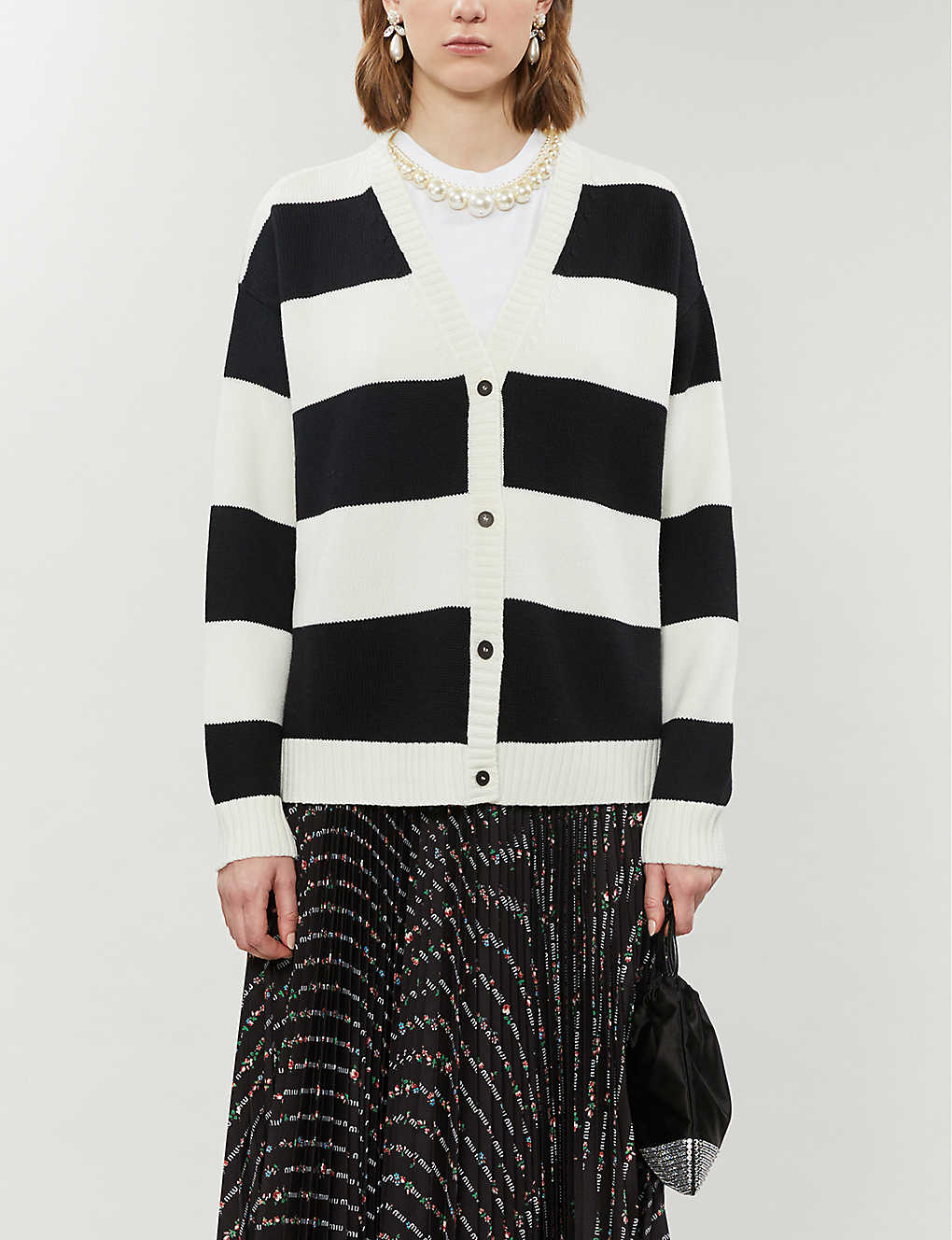 MIU MIU Striped graphic-embroidered wool cardigan