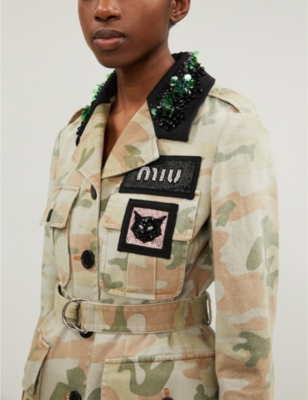 MIU MIU CAMOUFLAGE-PRINT CRYSTAL-EMBELLISHED COTTON JACKET