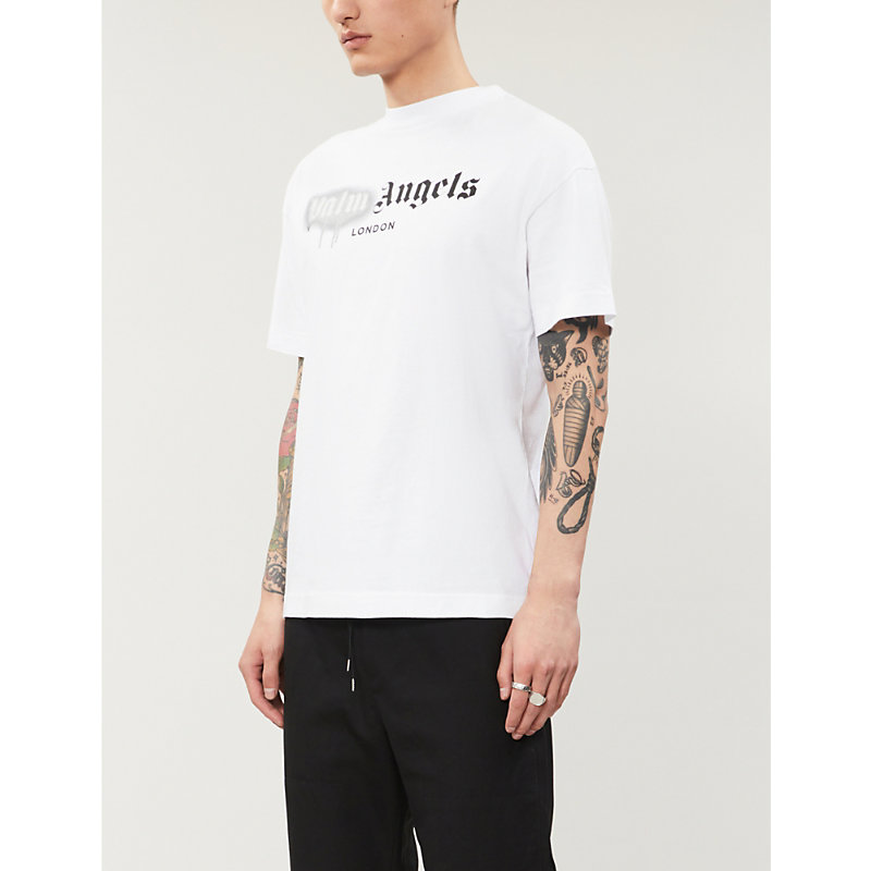 Palm Angels Logo-print Cotton-jersey T-shirt In White Silver