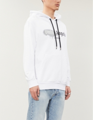 Palm Angels Logo-print Cotton-jersey Hoody In White Silver