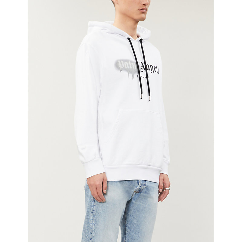 Palm Angels Logo-print Cotton-jersey Hoody In White Silver