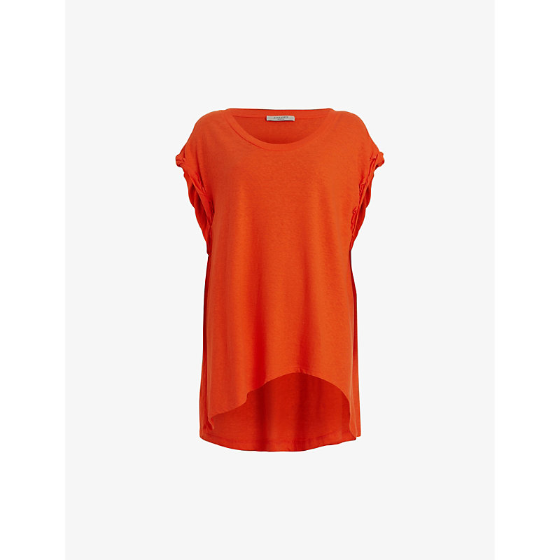 Allsaints Sanza Asymmetric-hem Cotton And Linen-blend Tank Top In Pop Orange
