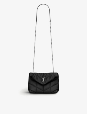 YSL tan medium sized Loulou puffer crossbody purse.
