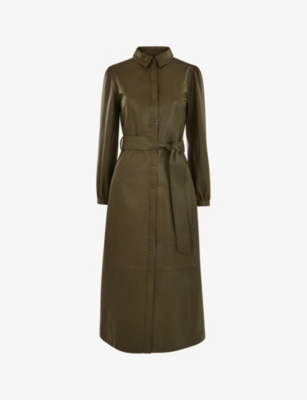 Whistles Phoebe Belted-waist Leather Midi Dress In Khaki/olive