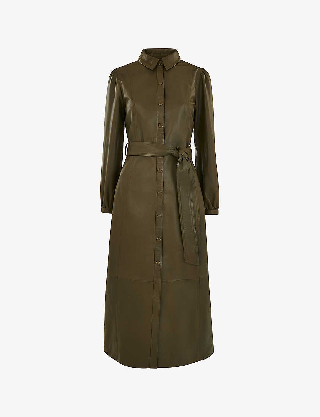 Whistles Phoebe Belted-waist Leather Midi Dress In Khaki/olive