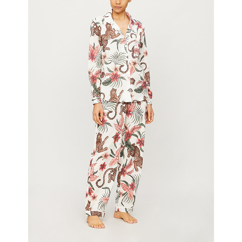 Shop Desmond And Dempsey Women's Cream Multi Soleia Jungle-print Organic Cotton Pyjama Set