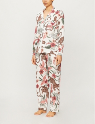 Shop Desmond And Dempsey Women's Cream Multi Soleia Jungle-print Organic Cotton Pyjama Set