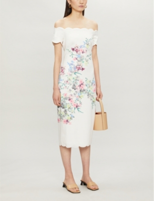 Ted Baker Pergola Off The Shoulder Floral Print Stretch Crepe Midi Dress In Ivory Modesens