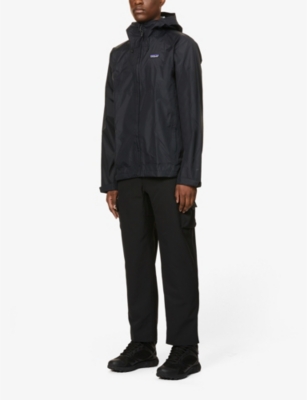 Patagonia Waterproof Black Recycled Nylon Jacket With Logo Patch And Stand-up Collar In Black