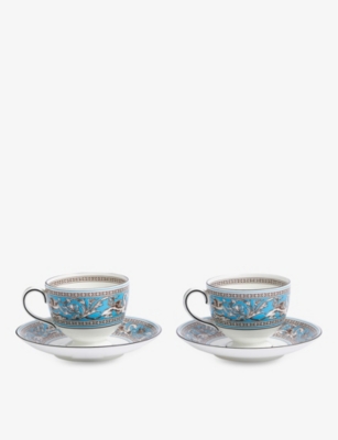 WEDGWOOD FLORENTINE TURQUOISE FINE BONE CHINA CUP AND SAUCER SET OF TWO 