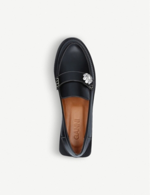 Shop Ganni Women's Black Jewel-embellished Leather Loafers