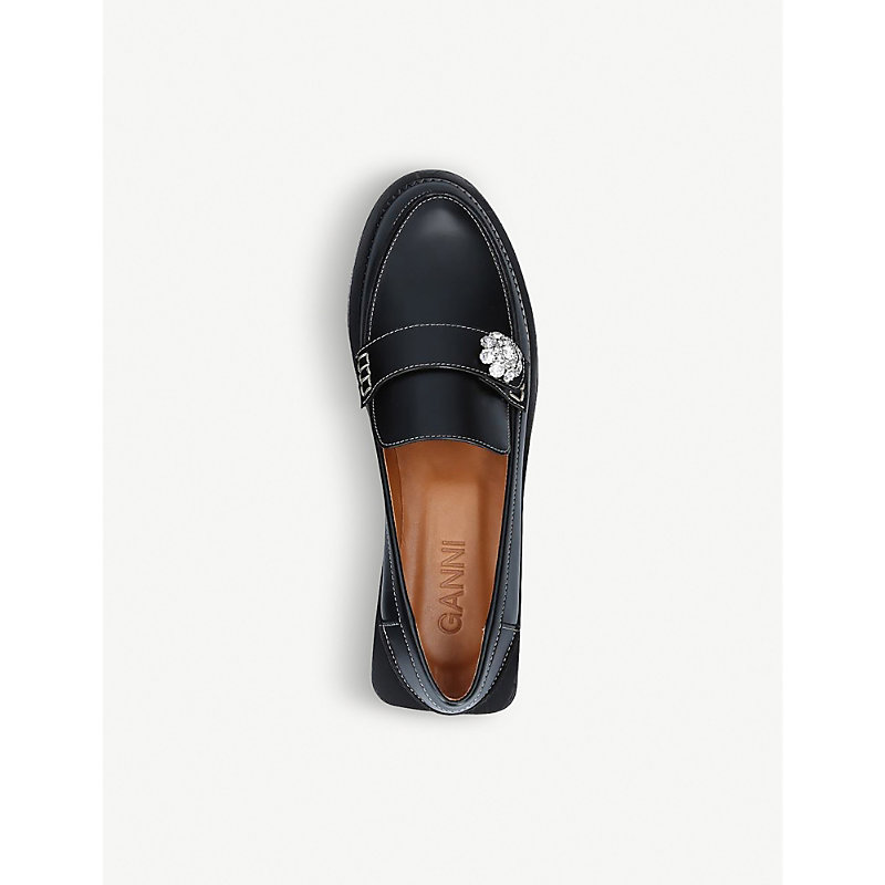 Shop Ganni Womens Black Jewel-embellished Leather Loafers
