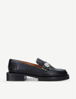 Shop Ganni Womens Black Jewel-embellished Leather Loafers