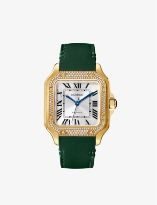 Cartier Mens Yellow Gold Crwjsa0020 Santos De 18ct Gold, Diamond And Leather Watch