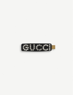 Gucci Rhinestone-embellished Logo Hair Clip In Oro
