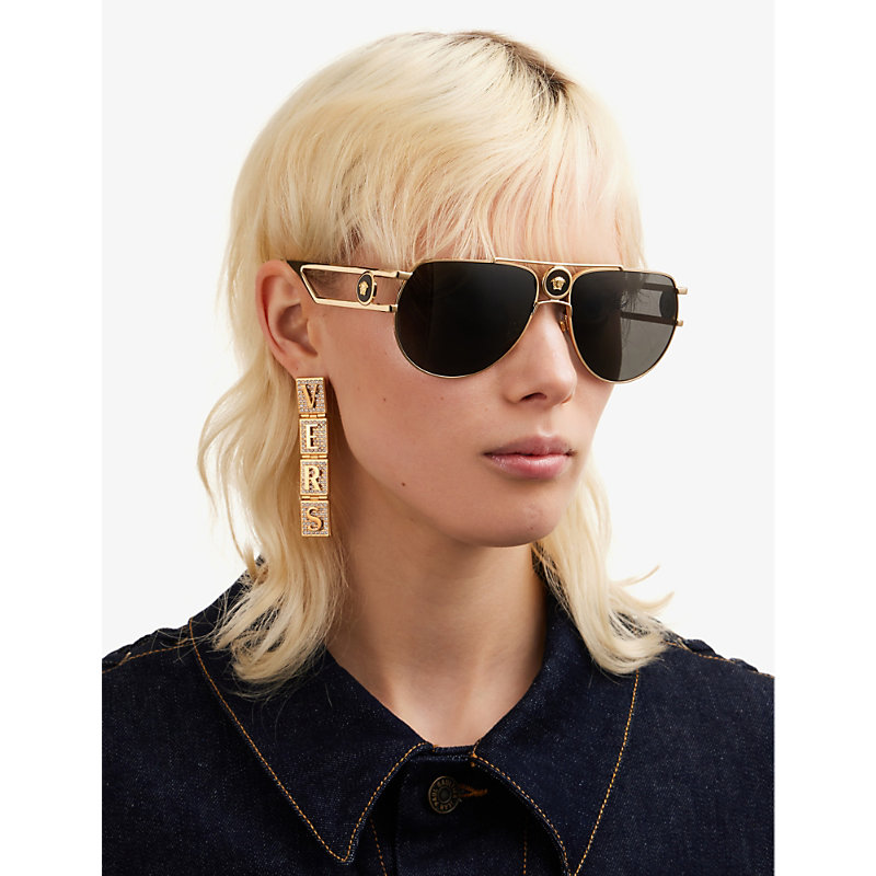 Shop Versace Women's Gold Ve2225 Aviator-frame Glass And Metal Sunglasses