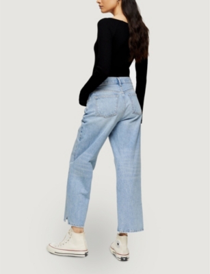 mid stone raw hem straight jeans