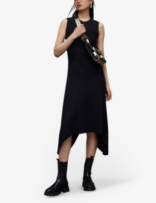 Shop Allsaints Women's Black Gia Asymmetric Cotton-blend Midi Dress