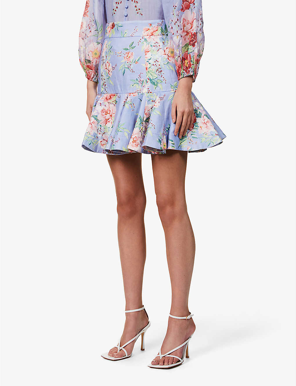 ZIMMERMANN: Floral-print high-waist linen mini skirt