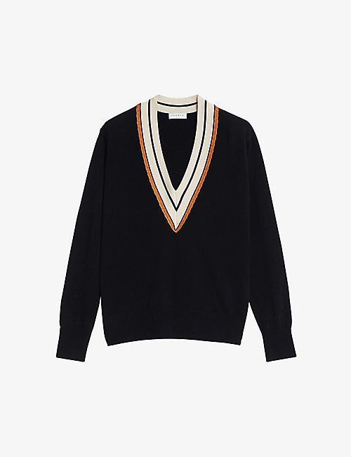 SANDRO: Colle contrast-trim wool and cashmere-blend jumper
