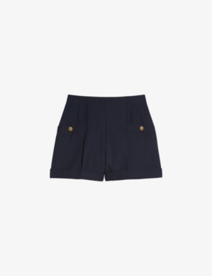 Shop Sandro Women's Navy Blue High-waisted Wool-blend Shorts