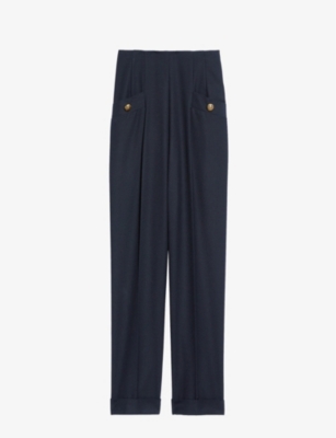 Shop Sandro Women's Navy Blue Sieny Wide-leg Wool-blend Trousers