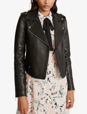 Shop Claudie Pierlot Womens Black Biker-collar Leather Jacket