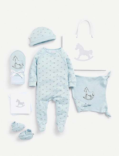 THE LITTLE TAILOR: Cotton sleepsuit, hat, booties, blanket and comforter gift set 0-6 months