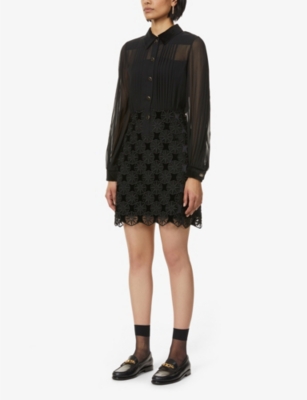 SANDRO NEVY GEOMETRIC-LACE CREPE AND VELVET MINI DRESS