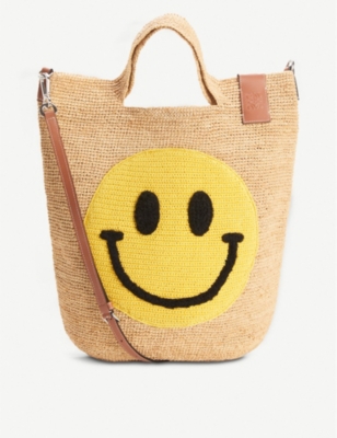 Loewe X Smiley Slit Raffia And Calf Tote Bag In Natural yellow ModeSens