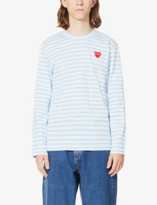Shop Comme Des Garçons Play Comme Des Garcons Play Men's Blue Heart-appliqué Striped Cotton-jersey Top