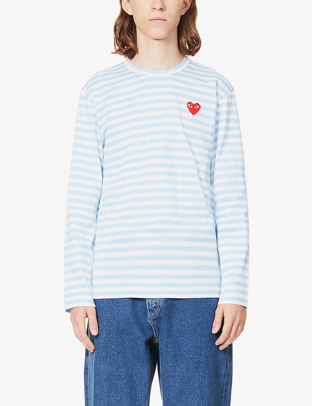 Shop Comme Des Garçons Play Heart-appliqué Striped Cotton-jersey Top In Blue