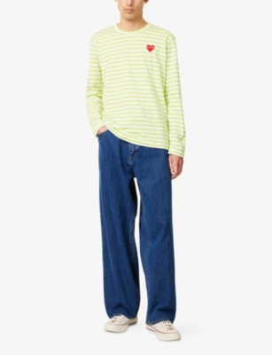 Comme Des Garçons Play Mens Grn X Wht Heart-appliqué Striped Cotton-jersey Top