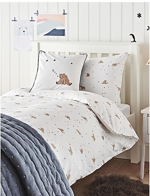 THE LITTLE WHITE COMPANY: Sleepy Bear graphic-print cotton cot-bed set 140cm x120cm