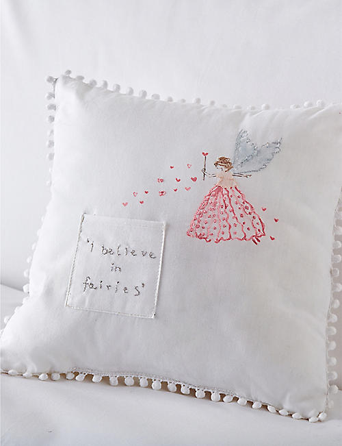 THE LITTLE WHITE COMPANY: Tooth Fairy graphic-print cotton cushion 22xm x 22cm