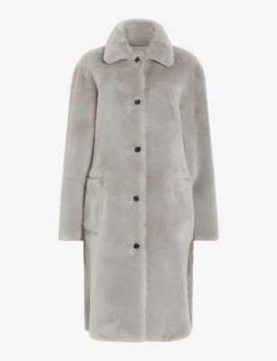 Allsaints Serra Reversible Shearling Coat In Pale Grey