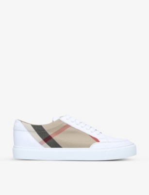 BURBERRY Salmond checked canvas and leather trainers Selfridges